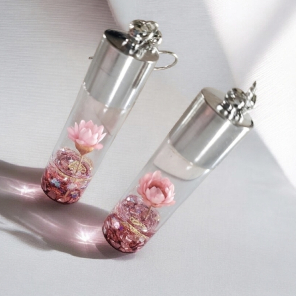 Pink Wish Flowers Glass Bottle Dangle Earrings - Picture 14 of 14